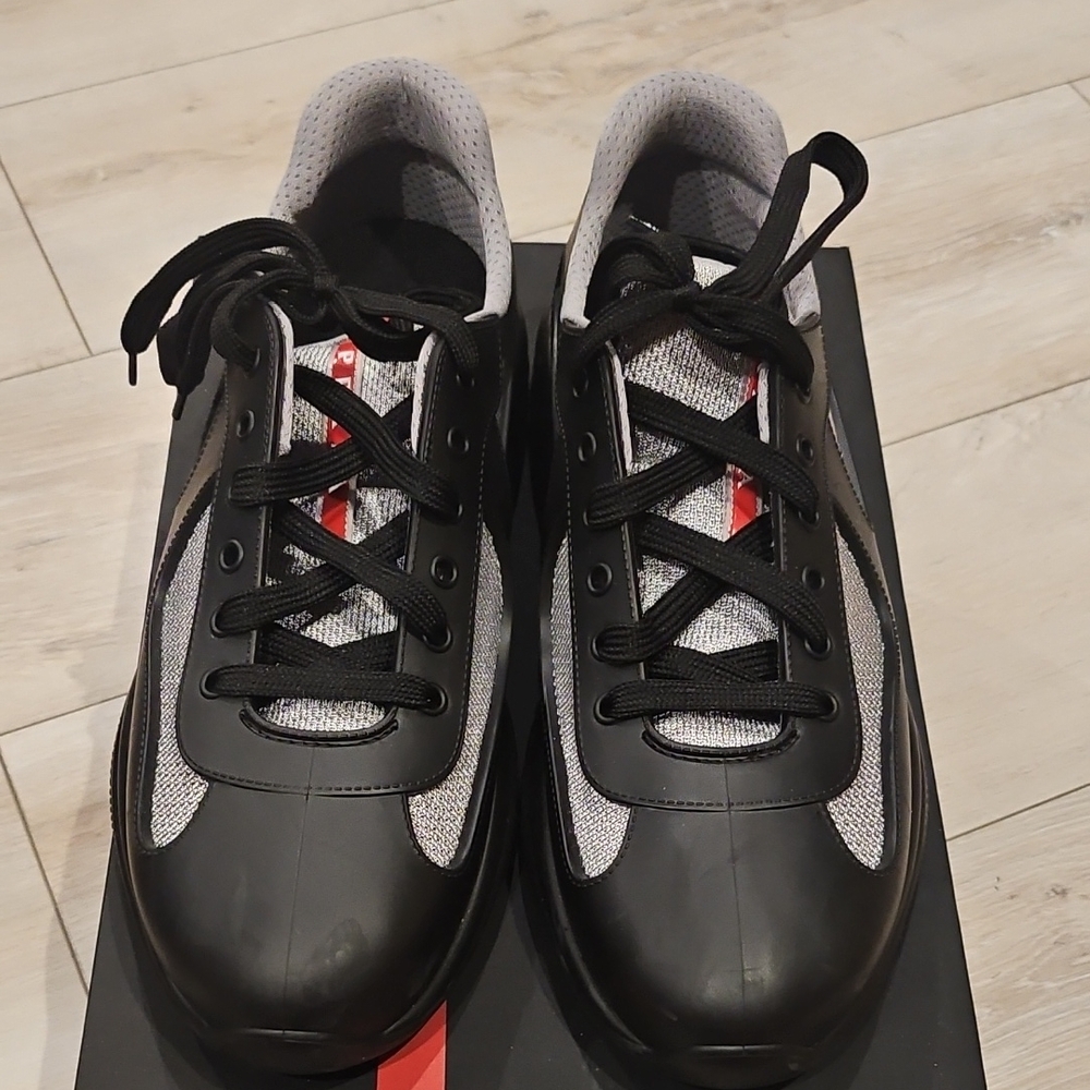 Prada Black, Gray & Red Low-Top Lace Sneakers